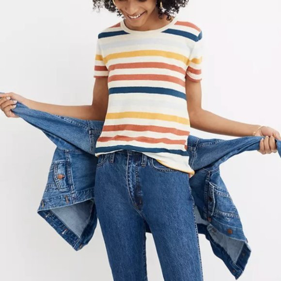 Madewell LoFi Shrunken Striped Whisper Tee T Shirt Navy Mustard Gold size XS - Picture 7 of 9